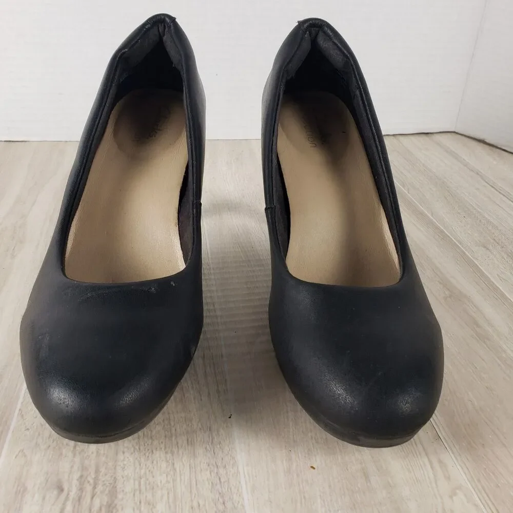 CLARKS AMBYR JOY BLACK LEATHER SLIP ONS DRESS SHOES HEELS PUMPS WOMENS SZ 7.5